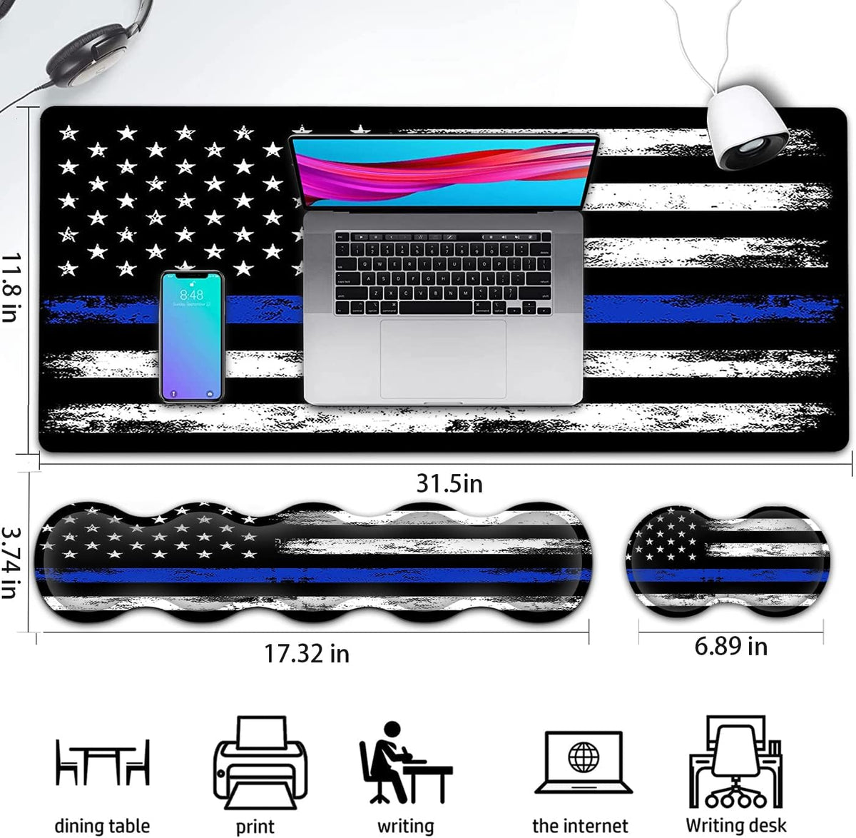 Large Gaming Mouse Pad with Stitched Edges, Extended XXL Mousepad, Office Desk Pad Writing Pad, 31.5 x 11.8 in,Ergonomic Memory Foam Keyboard Wrist Rest Support,Retro Blue Line American Flag Desk Mat