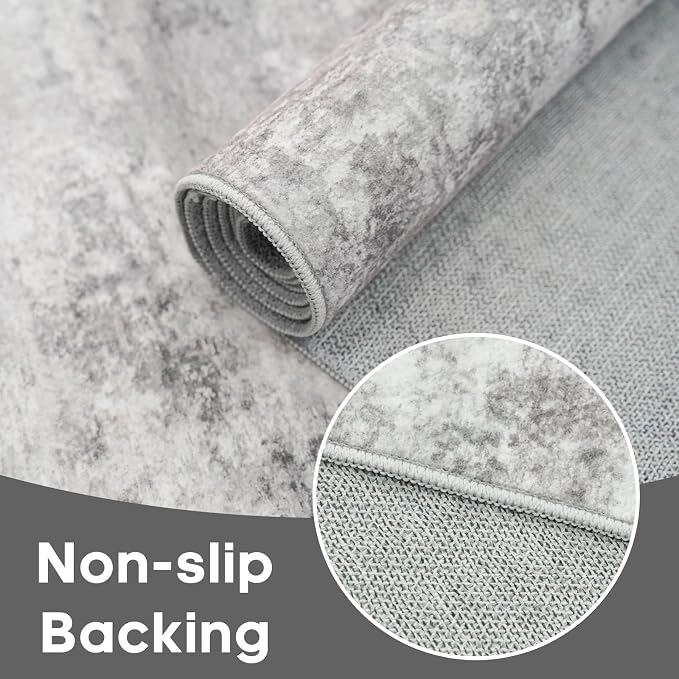 Grey Abstract 3x8 Washable Hallway Runner Rug | Non Slip Low Pile Soft Carpet