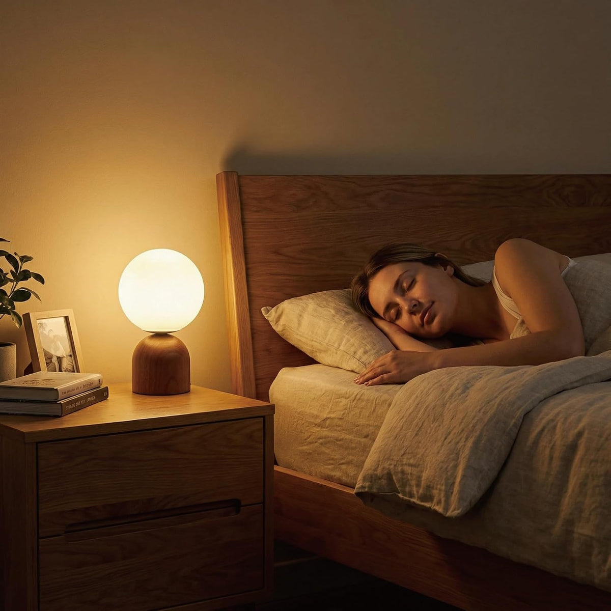 9.8" Dimmable Solid Wood Table Lamp with Opal Glass Globe Shade, Walnut