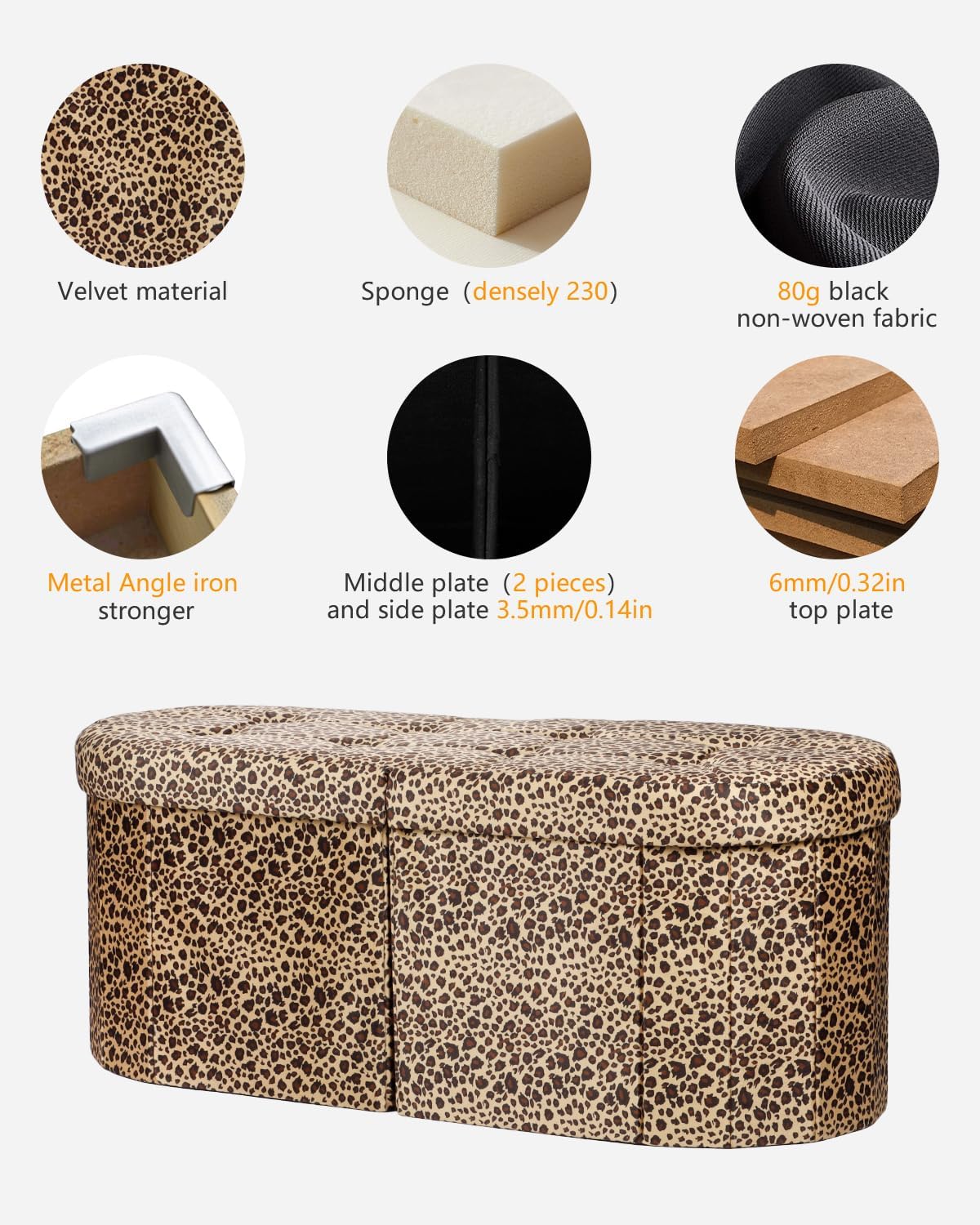 AmasSmile Oval Ottoman Storage Bench,34" Leather Folding Chest,Leopard