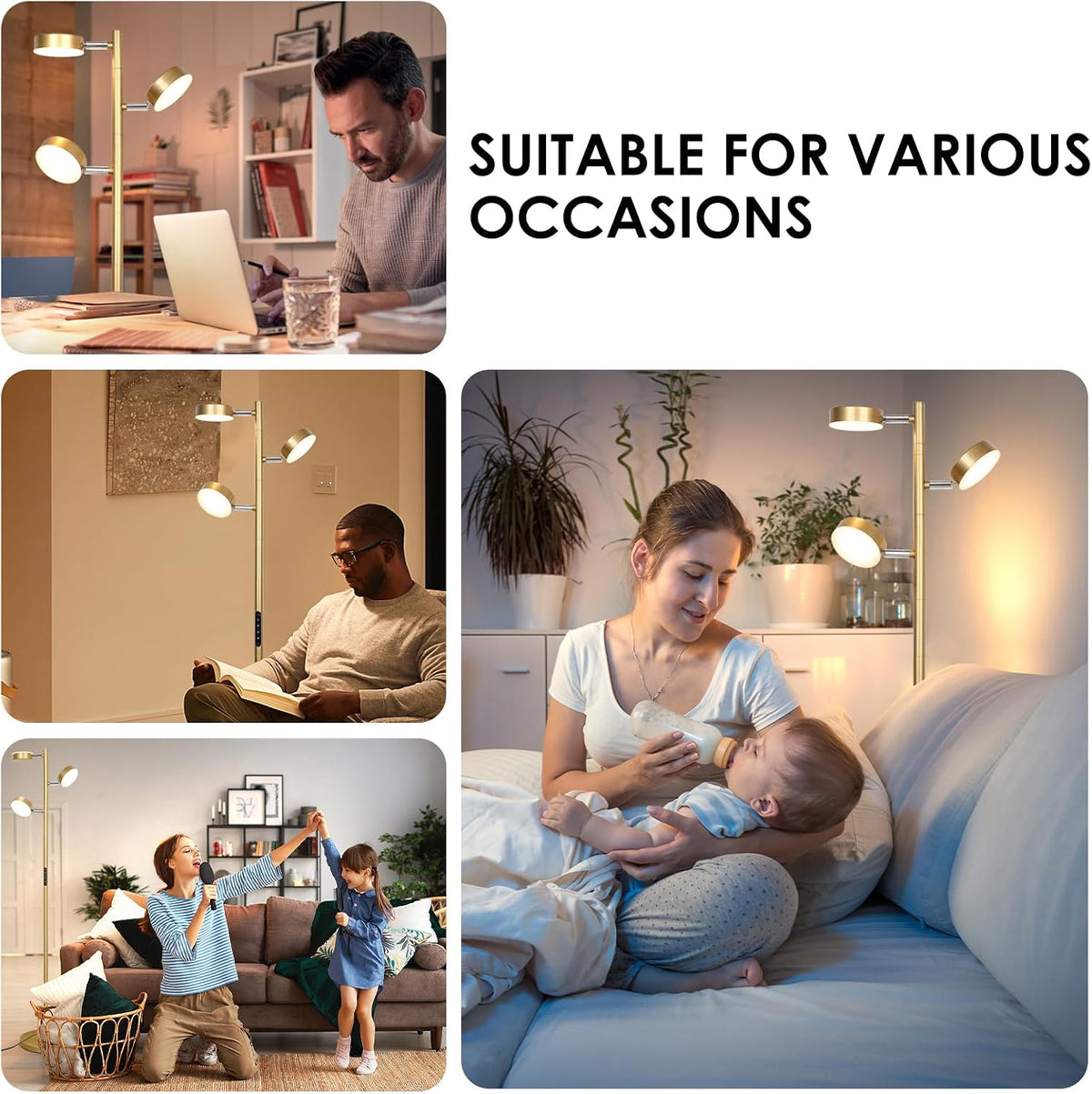JUNNAI Gold Floor Lamp for Living Room with Remote Modern Tall Standing Lamp Dimmable LED Brass Tree Floor Lamps with 3 Adjustable Heads Touch Control 4 Color Temperatures for Bedroom Office Reading