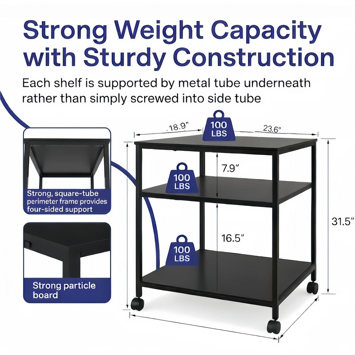 31.5" Heavy Duty Large Printer Stand with Adjustable Storage Shelf, Black