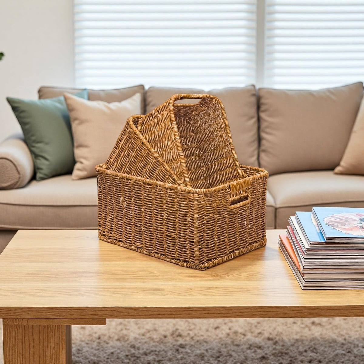 GIB Woven Storage Baskets for Organizing, Plastic Wicker Storage Baskets for Shelves, Waterproof Rectangular Storage Bins Organizers for Closet Pantry Table, Set of 3, Brown