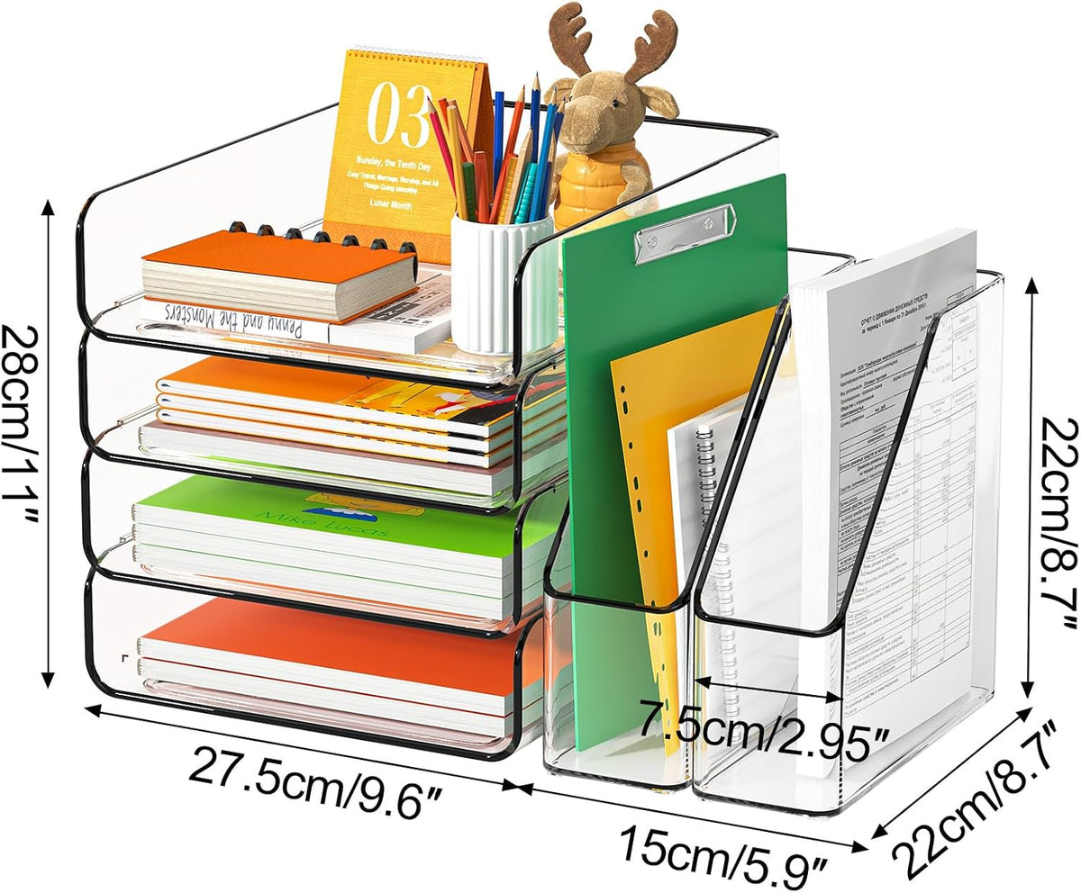 FANXIYQ 4-Tier Acrylic Paper Tray Organizer with Bookends, Paper Organizer