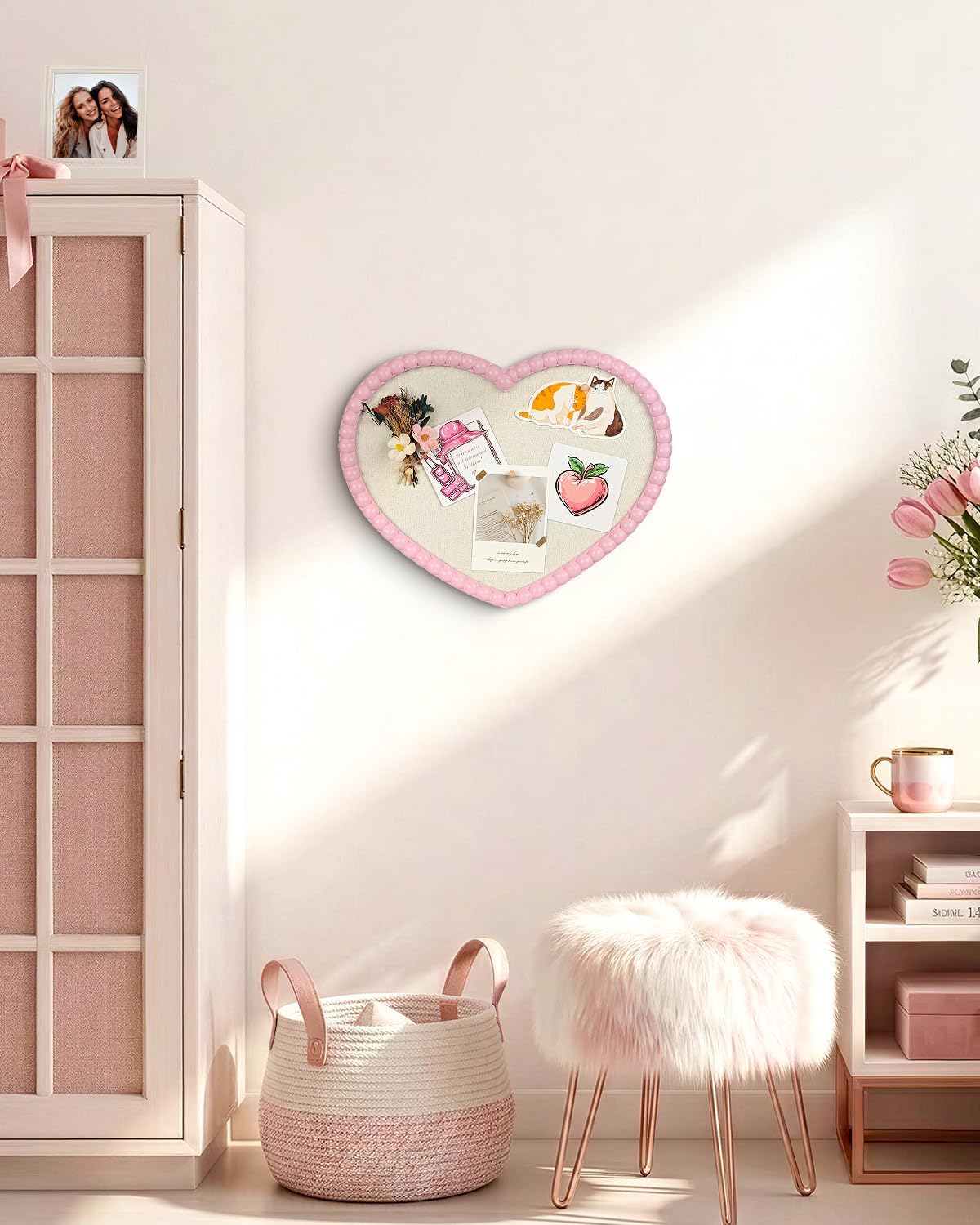17" x 13" Heart Shaped Linen Bulletin Board, Pink Beaded Wood Frame Cork Board Alternative, Decorative Memo Board for Wall, Home Office & Bedroom Deco, Heart-3343PK