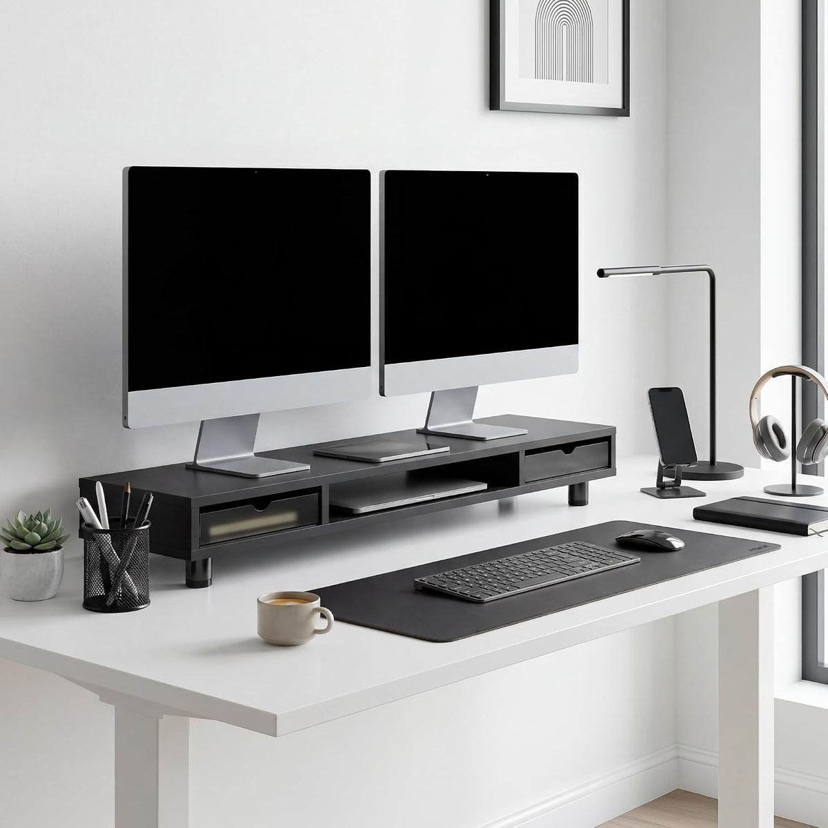 Fenge Dual Monitor Riser with 2 Drawers, 42.5in Long Desk Shelf, Black