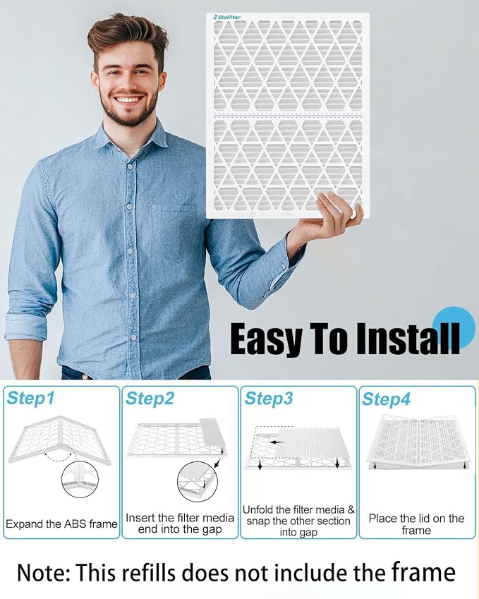 Reusable 12x12x1 Air Filter, 1 Foldable Frame + 6 Refills