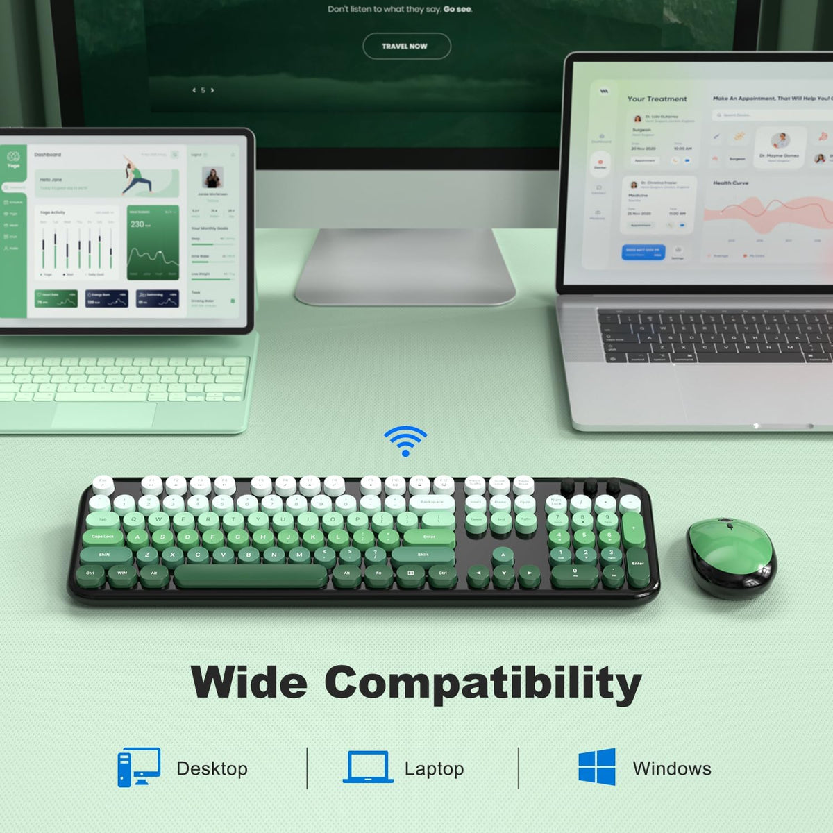 Wireless Keyboard and Mouse Combo, MOWUX Colorful Computer Full Size 2.4G Plug and Play Wireless Typewriter Keyboard and Mouse Set for Computer, Desktop, PC (Black Green Gradient)