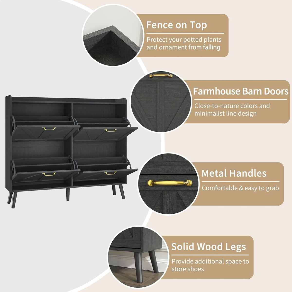 Farmhouse Shoe Cabinet Storage with 4 Flip Drawers, Black丨Shoe Cabinet for Entryway Slim, Freestanding Shoe Cabinet, Farmhouse Shoe Organizer Hidden Shoe Cabinets with Wooden Legs
