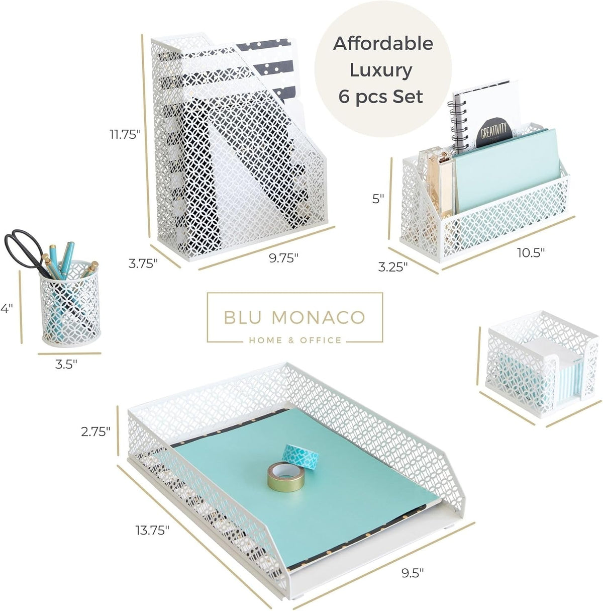 BLU MONACO | White Desk Organizer Set 6 Piece | Mail Sorter Organizer Countertop with Letter Sorter for Desk | Standing File Organizer for Desk with Pen Holders