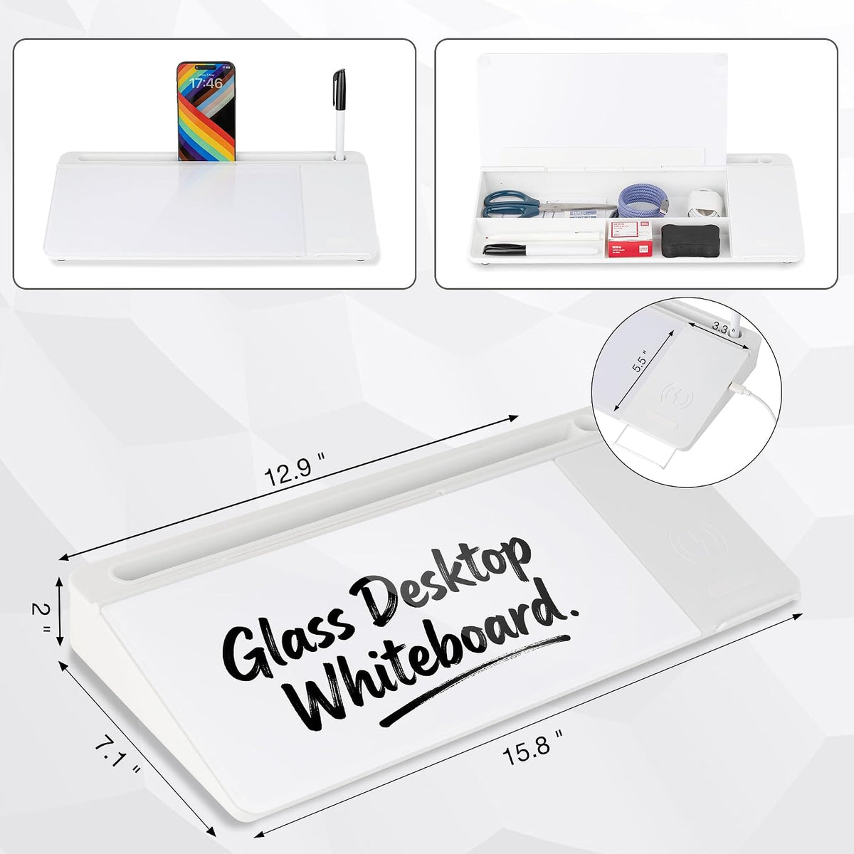Glass Desktop Whiteboard, Wireless Charger White