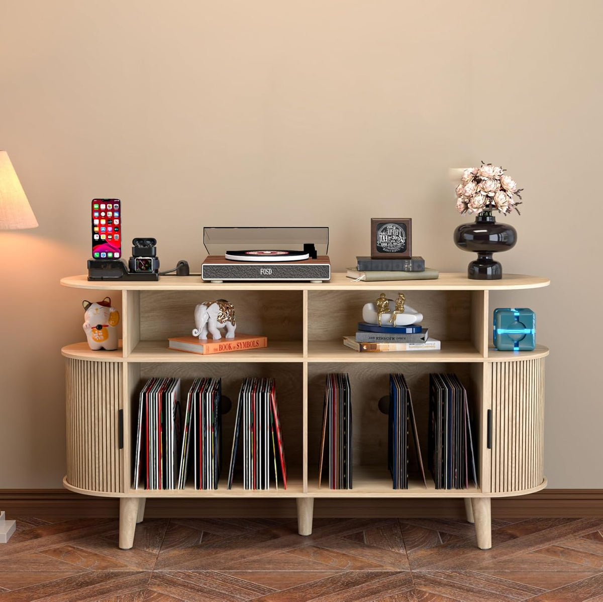 LUVIOHOME Large Round Record Player Stand with Charging Station & USB Ports