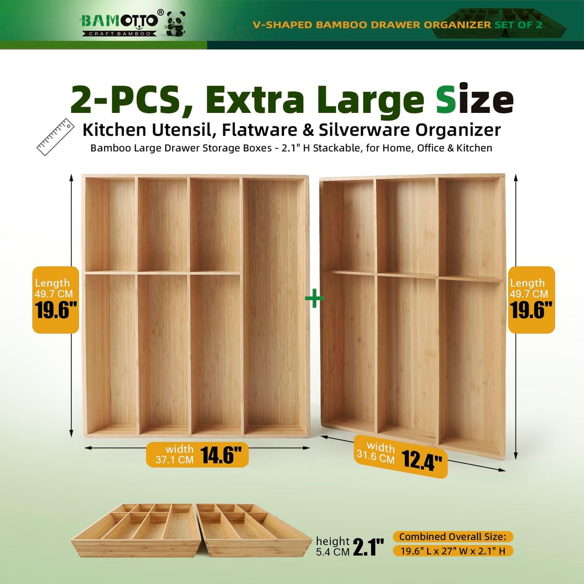 BAMOTTO CRAFTBAMBOO 13 Slot V-Shaped Bamboo Drawer Organizer Set of 2