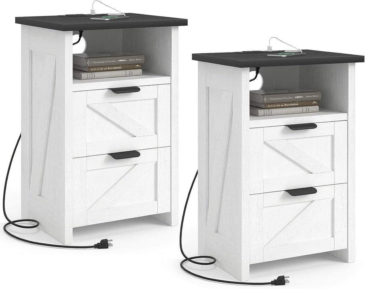 Farmhouse Night Stand Set of 2 with Charging Station, Bedside Table w/2 Drawers & Storage, Rustic End Tables for Bedroom, Living Room, Small Spaces, Home Office, White