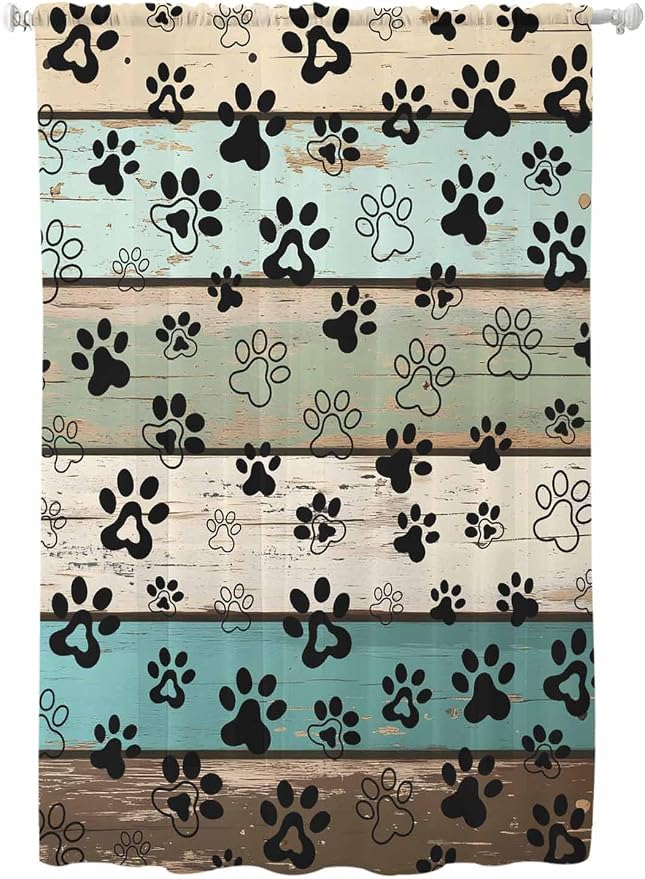 Sheer Curtains 72 Inches Long, Sage Green Brown Paw Prints Semi Sheer Curtains