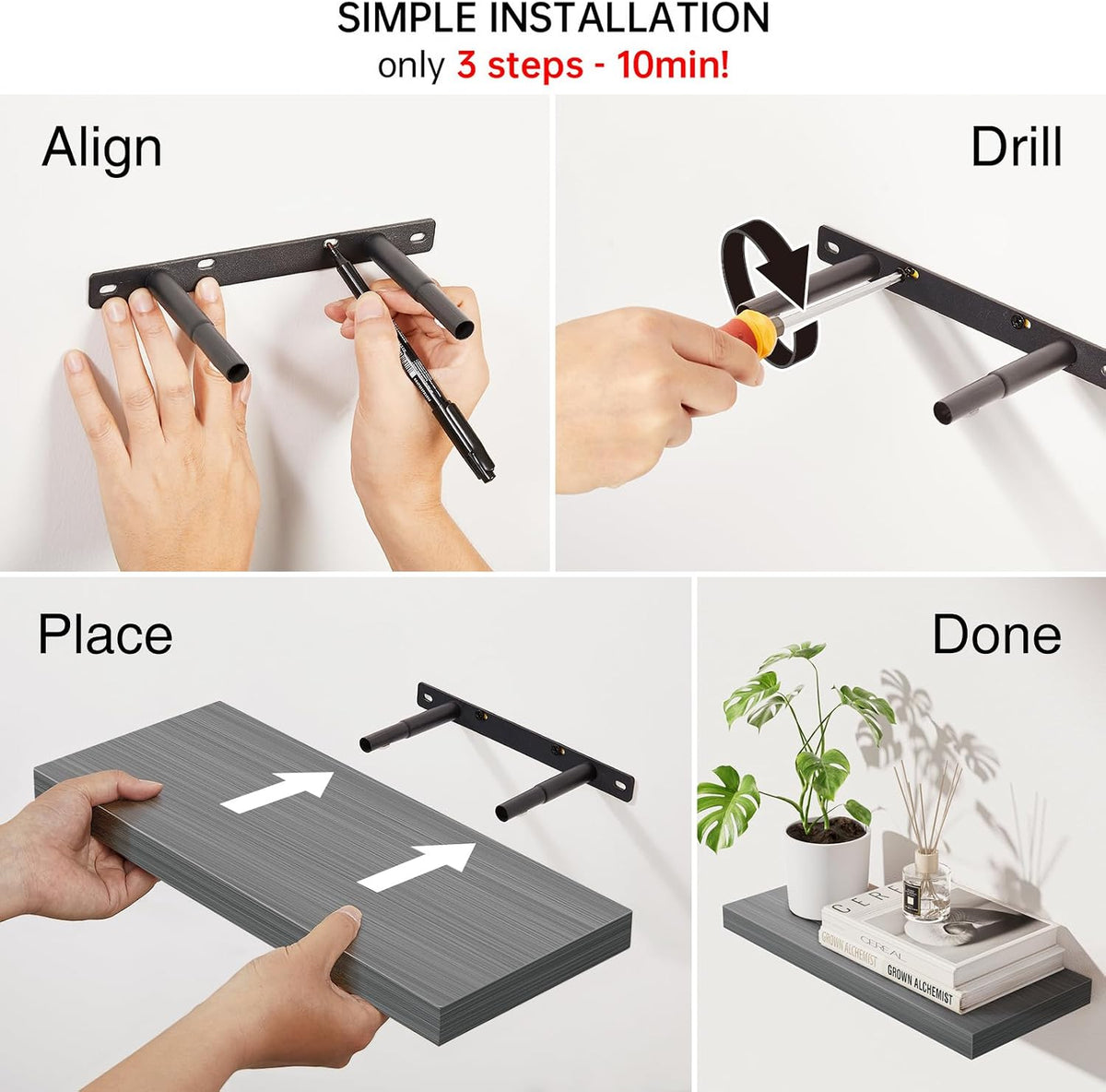 BAYKA Grey Floating Shelves 15.7in, Set of 3, Wall Mounted for Wall Decor