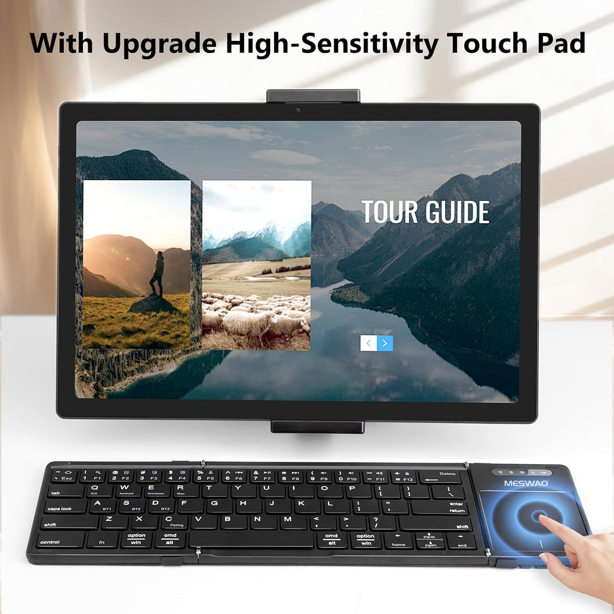 MESWAO Foldable Bluetooth Keyboard with Touchpad, Wireless Folding Keyboards with PU Leather (Sync up to 3 Devices), Full-Size Portable Keyboard for Android/Windows/iOS