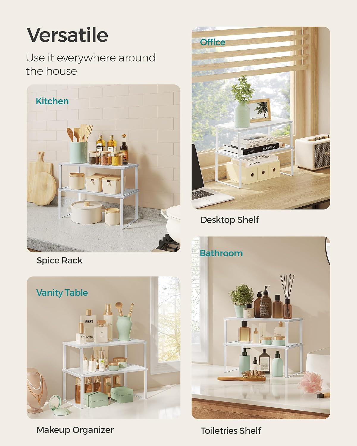 SONGMICS Cabinet Organizer Shelf, Set of 4, Stackable, Expandable