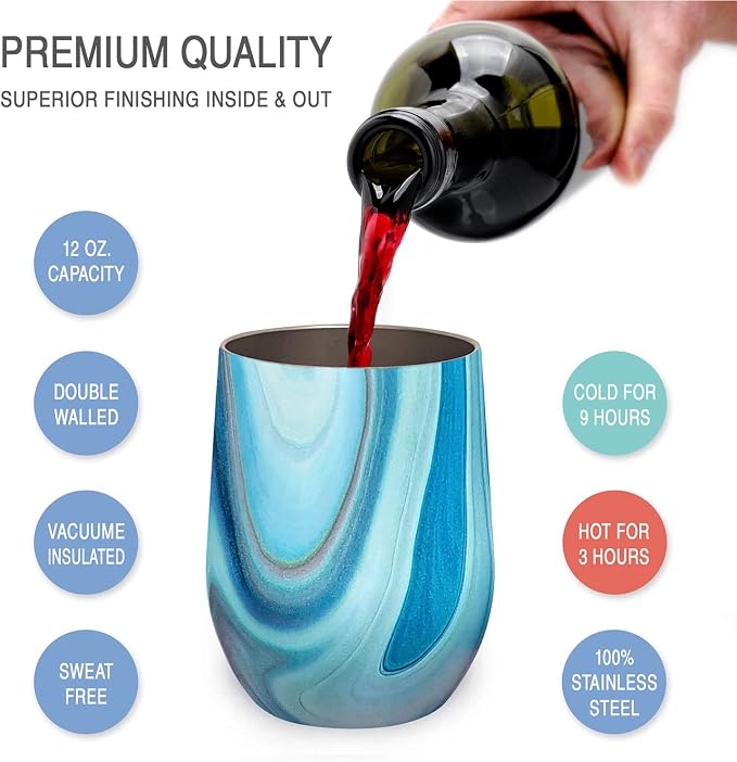 CHILLOUT LIFE 12 oz Stainless Steel Wine Tumblers 2 Pack & 1 Insulated Wine