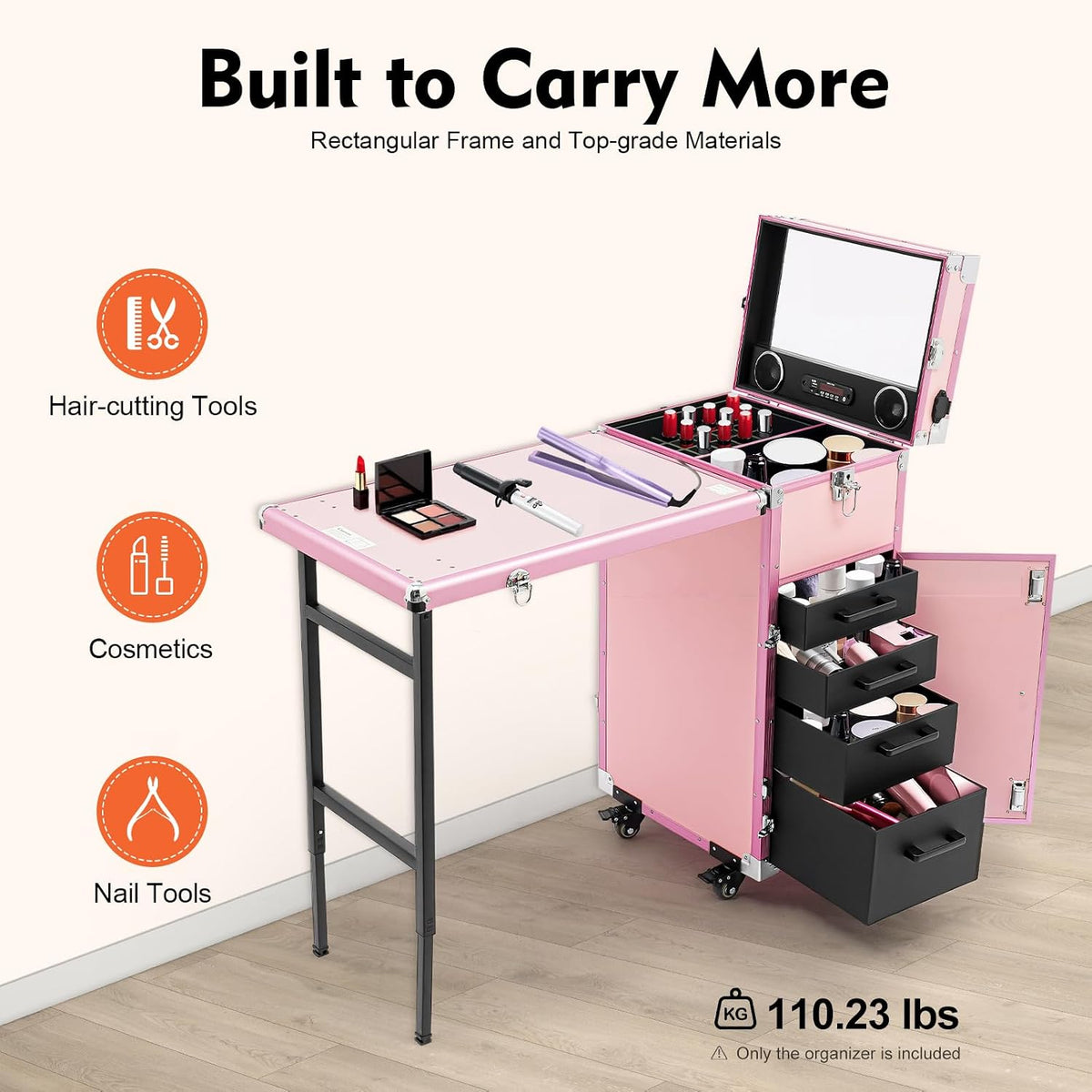 Foldable Rolling Travel Nail Desk, Professional Rolling Cosmetic Trolley with 4 Drawers & Lock, Trolley Storage Organizer for Makeup Artists, Stylists (Pink)
