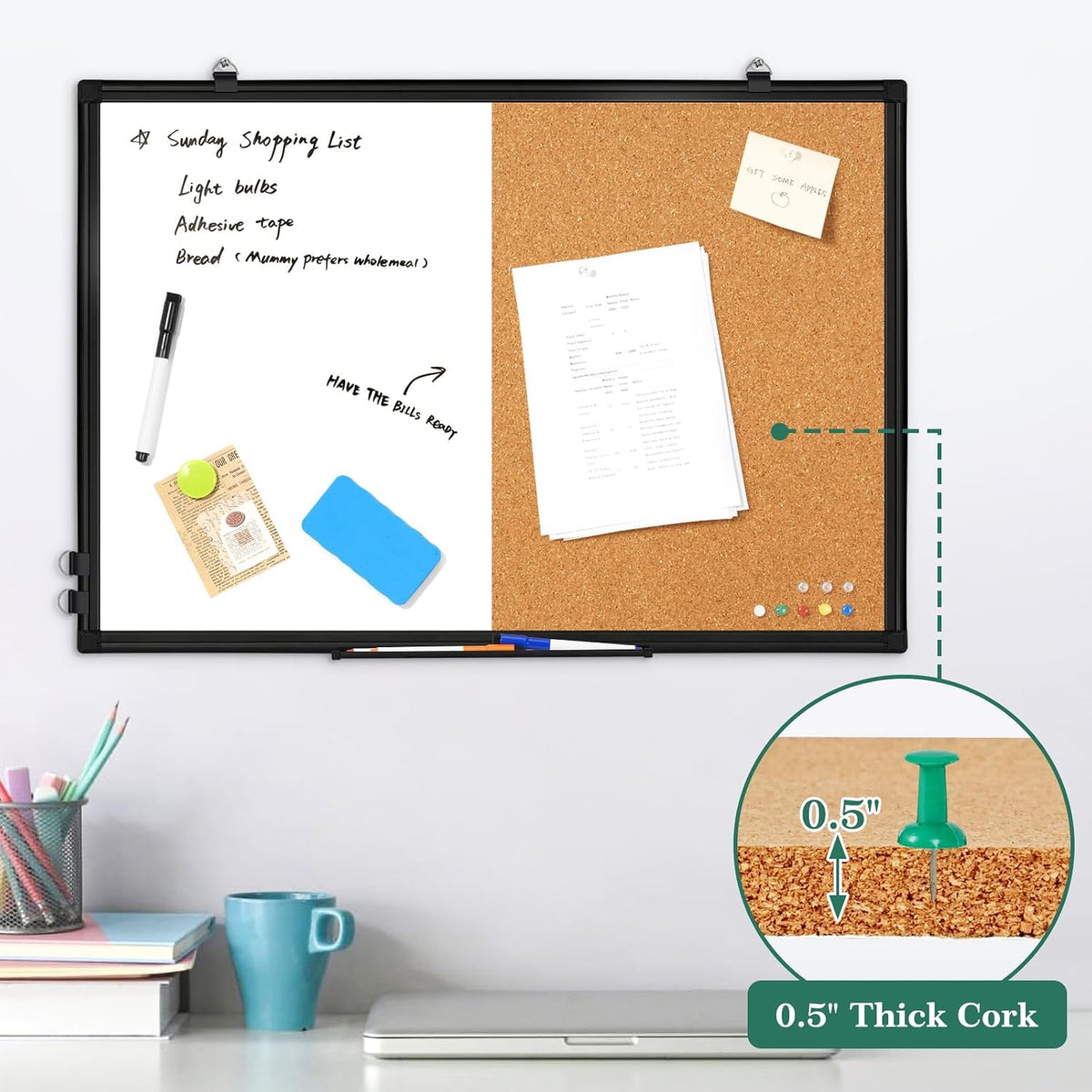 White Board Cork Board Combo for Wall, Double Sided Magnetic