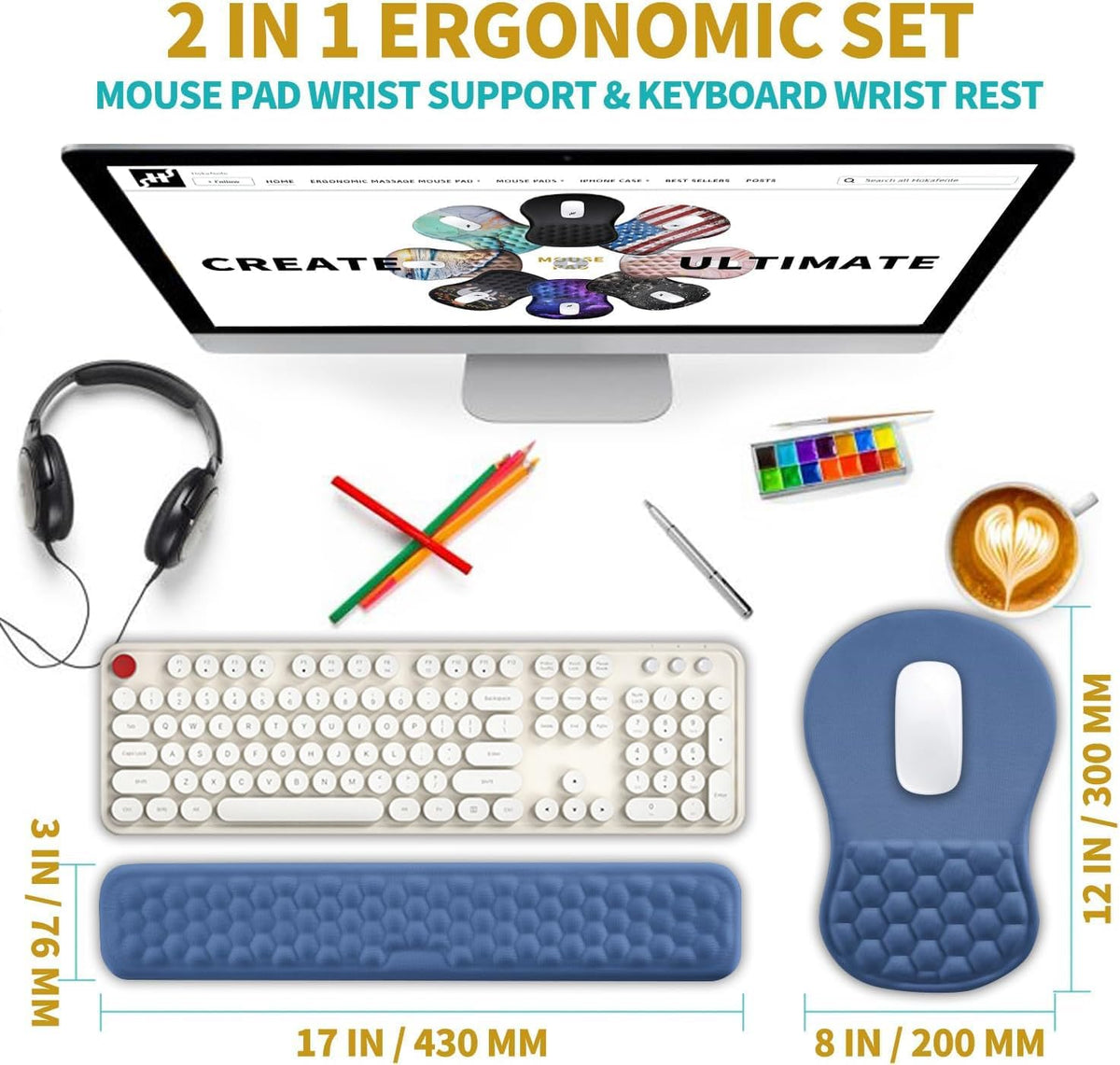 Hokafenle 2 in 1 Ergonomic Mouse Pad Wrist Support & Wrist Rest for Computer Keyboard Set, with Relieve Carpal Tunnel Pain Massage Bulge and Full Memory Gel Design (2In1 Set, Midnight Blue)