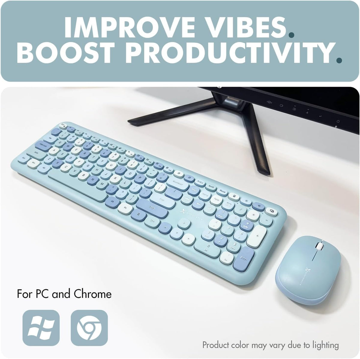 X9 Cute Wireless Keyboard and Mouse Combo - Retro Typewriter Keyboard and Mouse with Round Bubble Keys, 110 Keys and 18 Shortcuts Keyboard - Colorful Blue Keyboard Mouse Combo for PC Computer, Laptop
