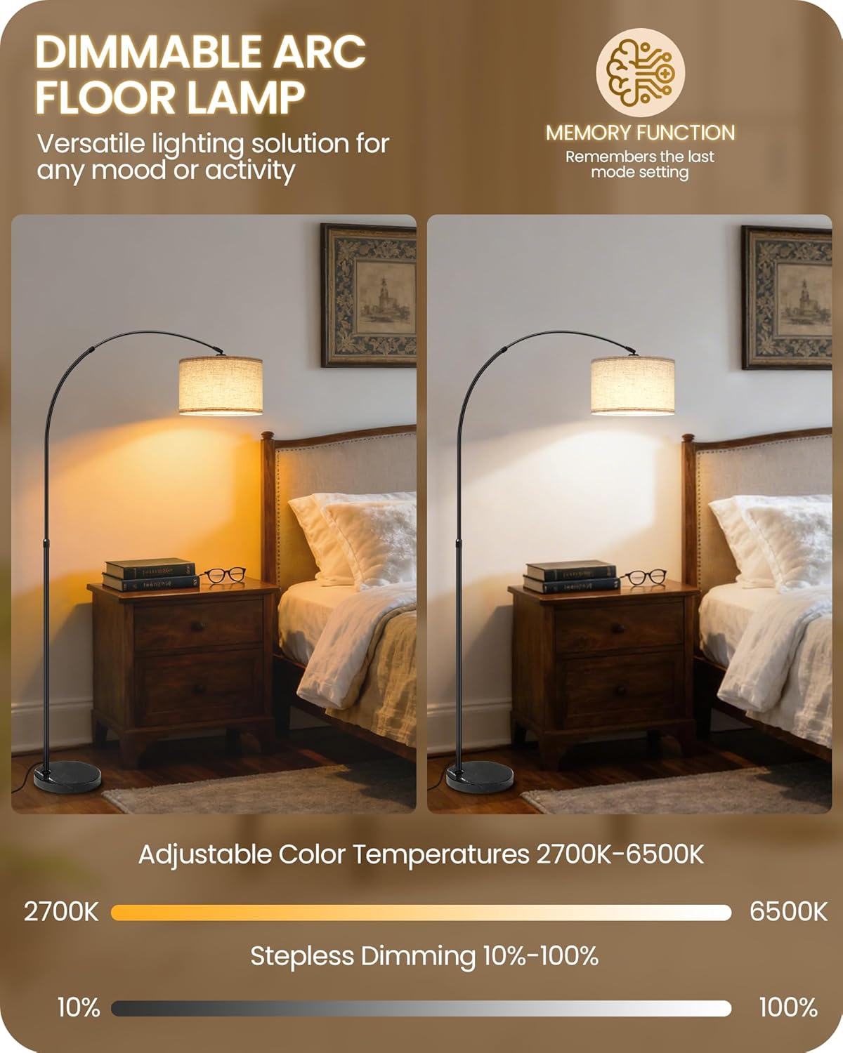 75" Tall Dimmable Arc Floor Lamp with Marble Base, Adjustable Height, Beige