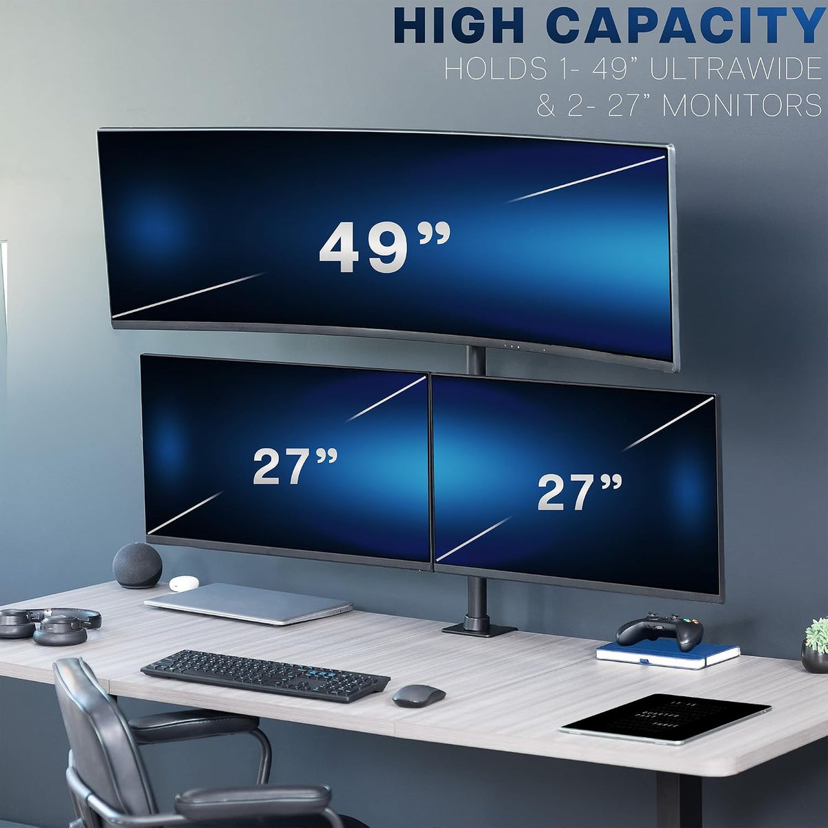VIVO Triple Monitor Extra Tall Desk Mount for up to 49 inch Ultrawides on Center Bracket and 27 inch Screens on Side Brackets, Holds up to 44 lbs, Black, STAND-V103T