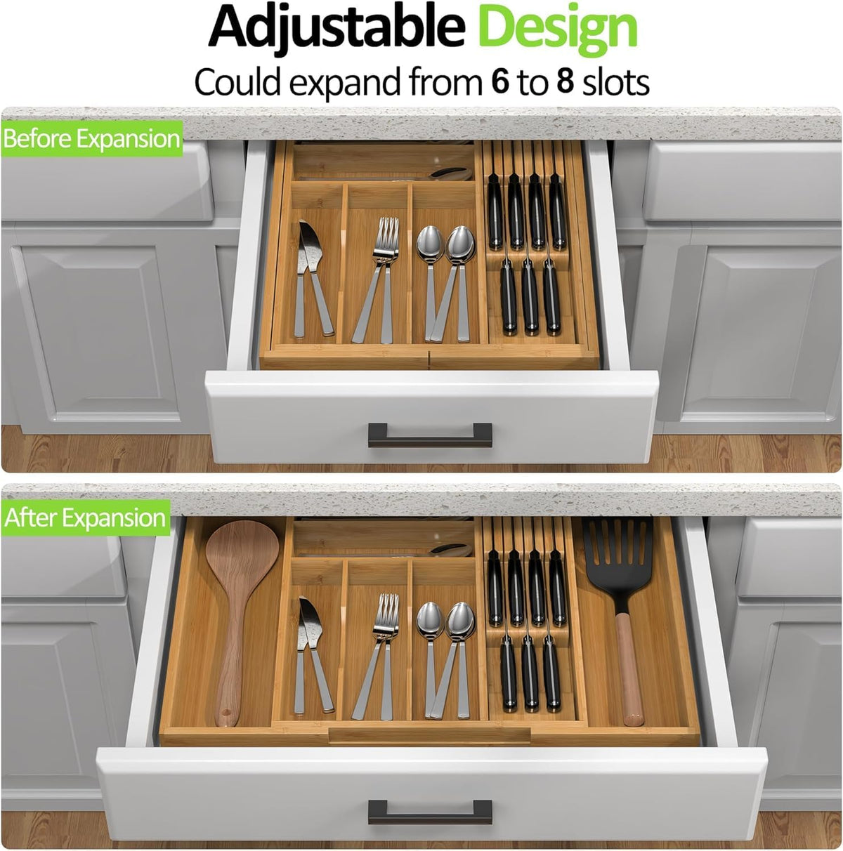 Nexxuss Bamboo Kitchen Drawer Organizer, Expandable Utensil Organizer with Removable Knife Block, Cutlery Tray Holder with Divider, Adjustable Silverware Organizer, Wood Tableware Dividers Storage
