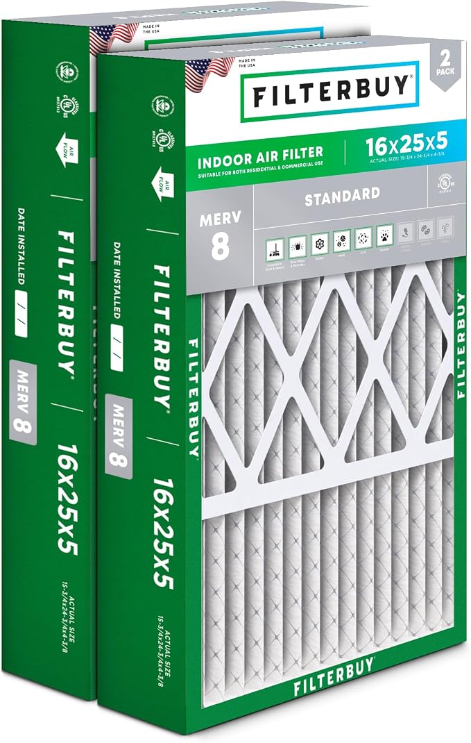 Filterbuy 16x25x5 Air Filter MERV 8 Essential Dust & Allergy Defense, Pleated