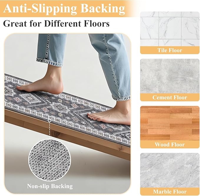 HEBE Boho Kitchen Rugs Sets of 2, Non Slip Washable Kitchen Mats