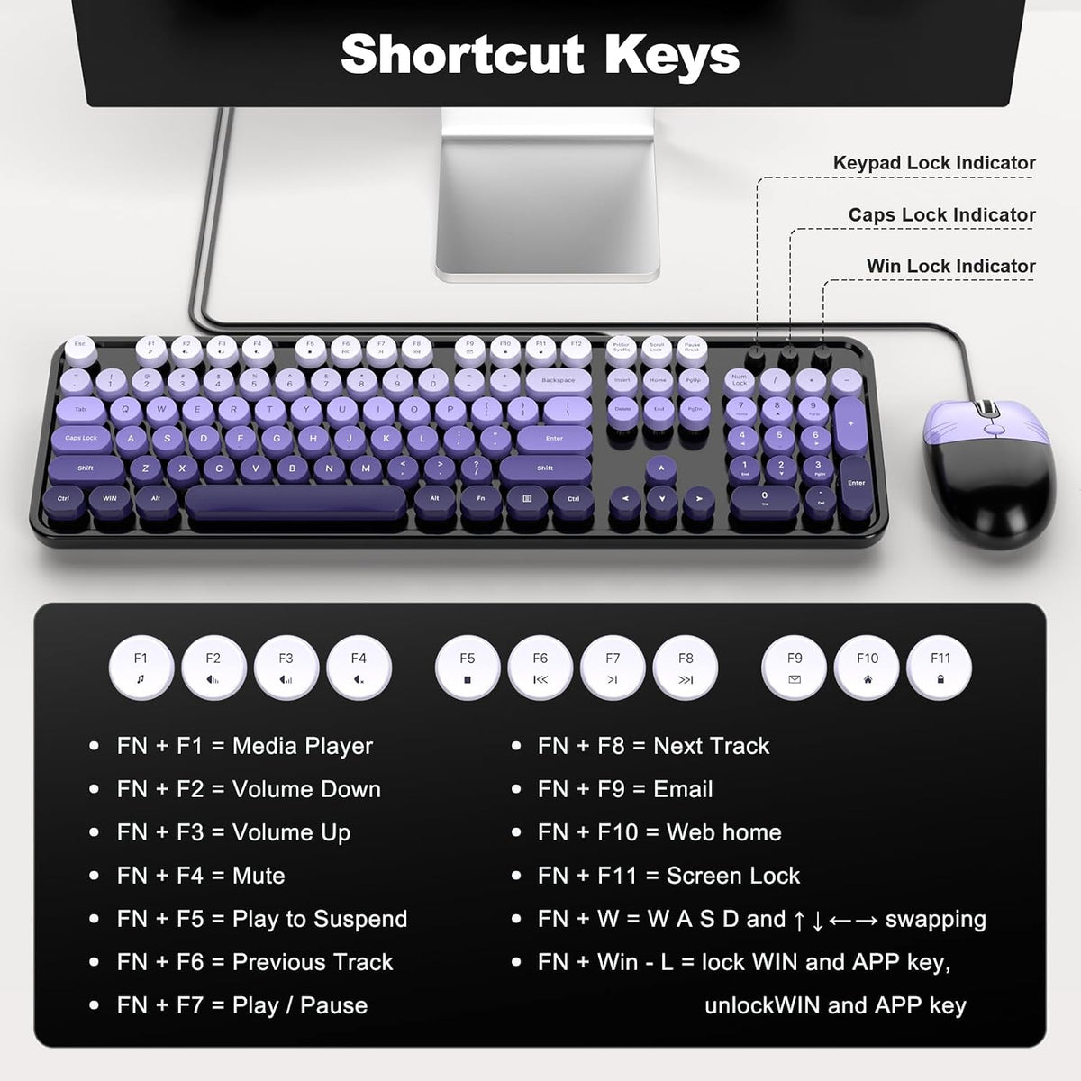 MOFII Wired Retro Typewriter Keyboard and Mouse Combo, Full Size USB Plug & Play for Windows PC Laptop- Black Purple