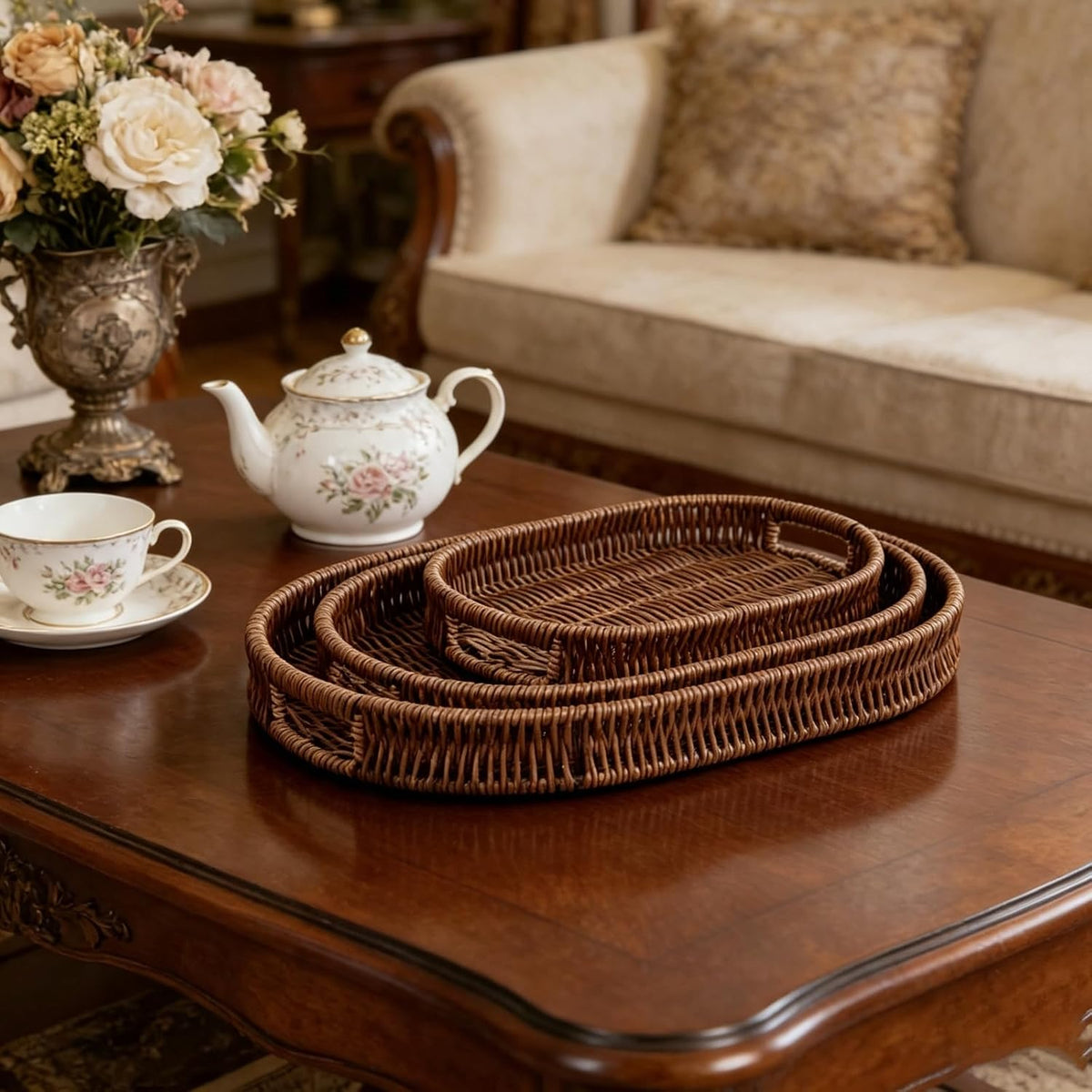Set of 3 Serving Tray for Foods & Drinks, Faux Rattan Trays with Handles, Wicker Tray Handwoven Organizer Baskets Storage Decorative Coffee Table Brown