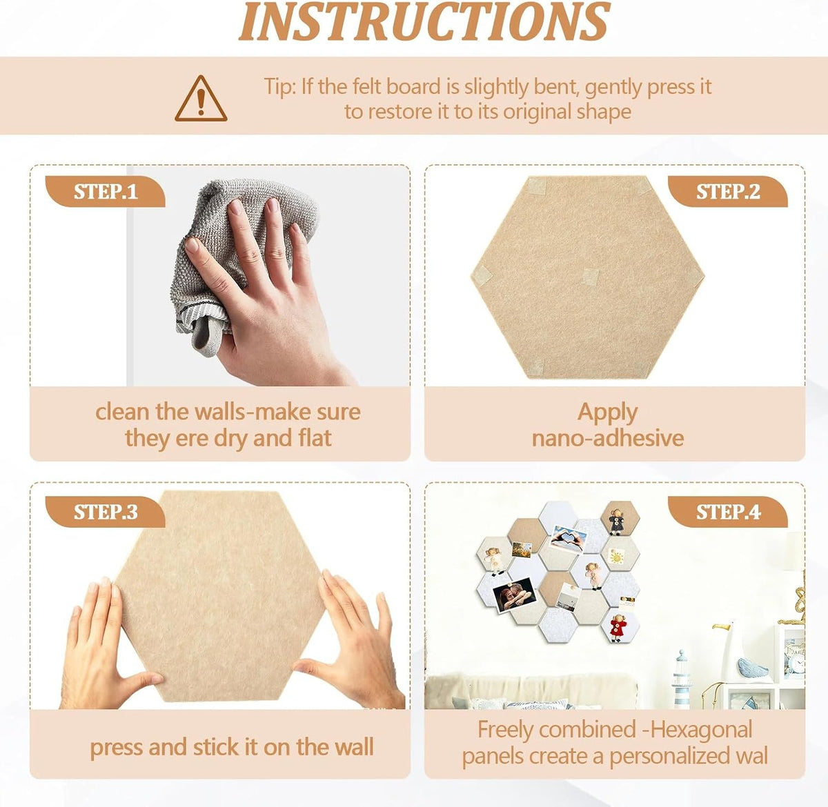 12x10 in 16 Pcs Hexagon Cork Board Tiles, Felt Pin Boards, Retro