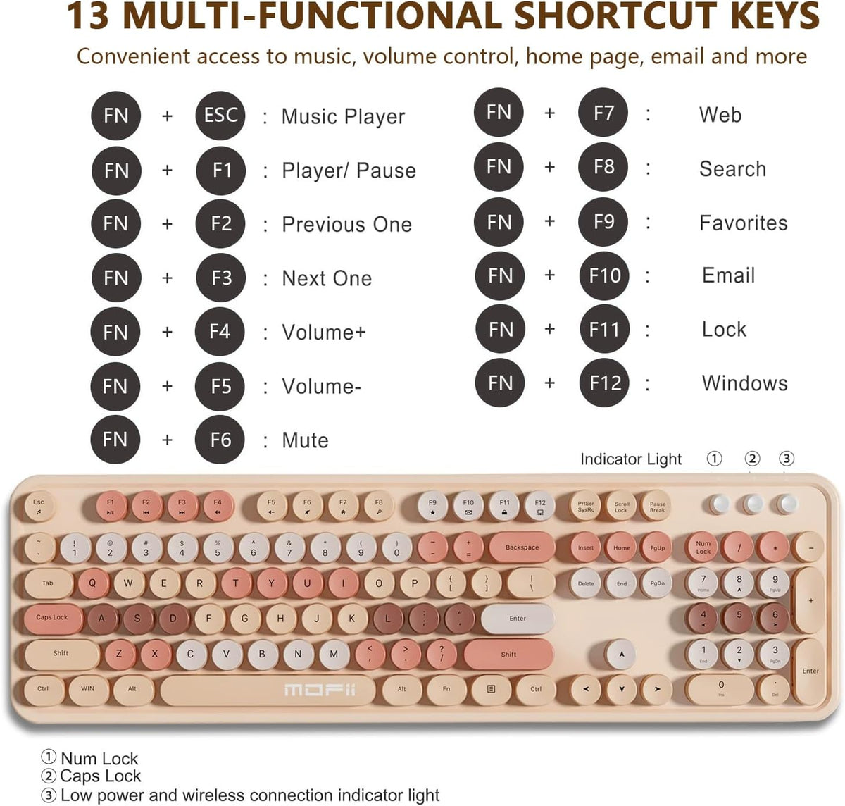 Wireless Keyboard and Mouse Combo, Retro Typewriter Style Keyboard with Round Keycaps, 2.4GHz Dropout-Free Connection Mouse with,Computer PC Desktops Laptop WindowsxP/7/8/10 (Brownish Tea Color)