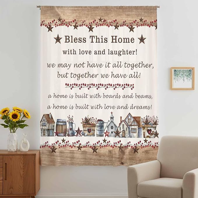 Farmhouse Sheer Curtains 45 Inch Length Country Star Barn Berry Brown Wood