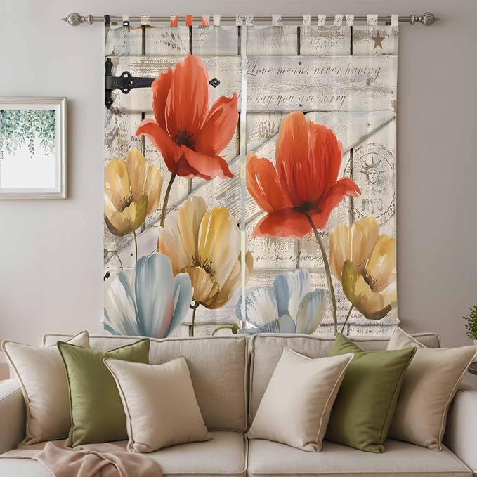 Retro Floral Living Room Curtains 96 Inch Length, Window Curtains Tab Top