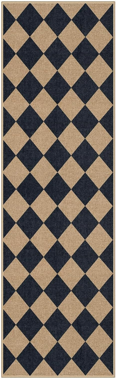 Lahome Checkered Easy Jute Non Slip Kitchen Runner, Checkerboard Indoor Outdoor