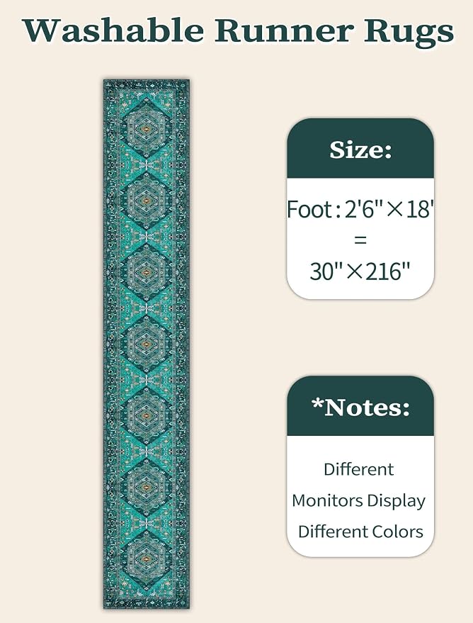 SERISSA Runner Rug for Hallways, Extra Long Boho Rug Ultra Soft Vintage Teal