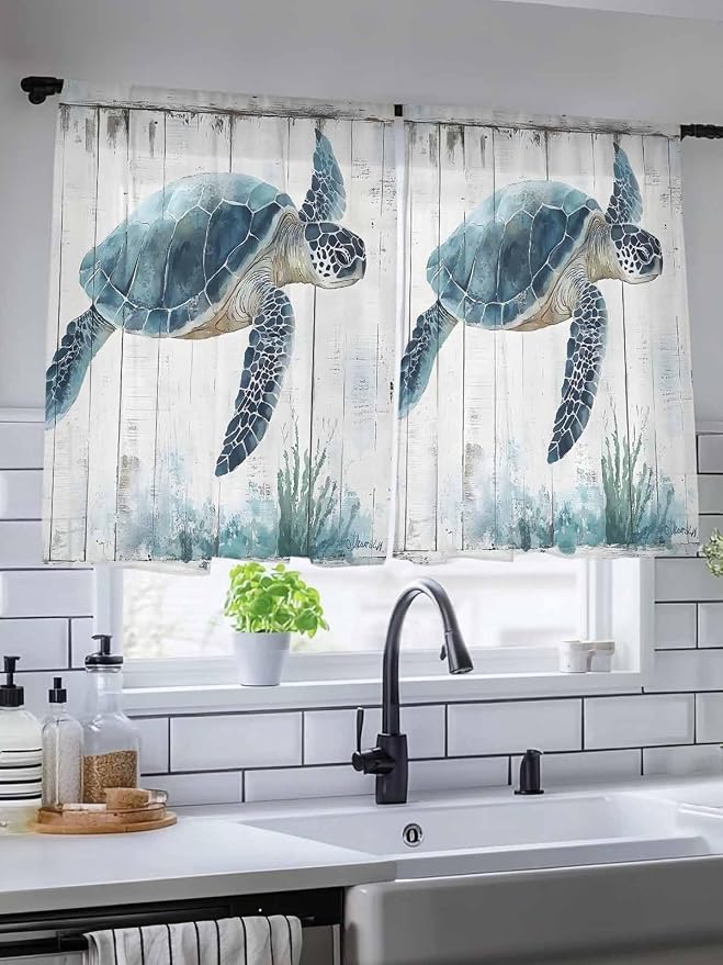 Sheer Curtains 45 Inch Length, Sea Turtle Teal Blue Semi Sheer Curtains Light