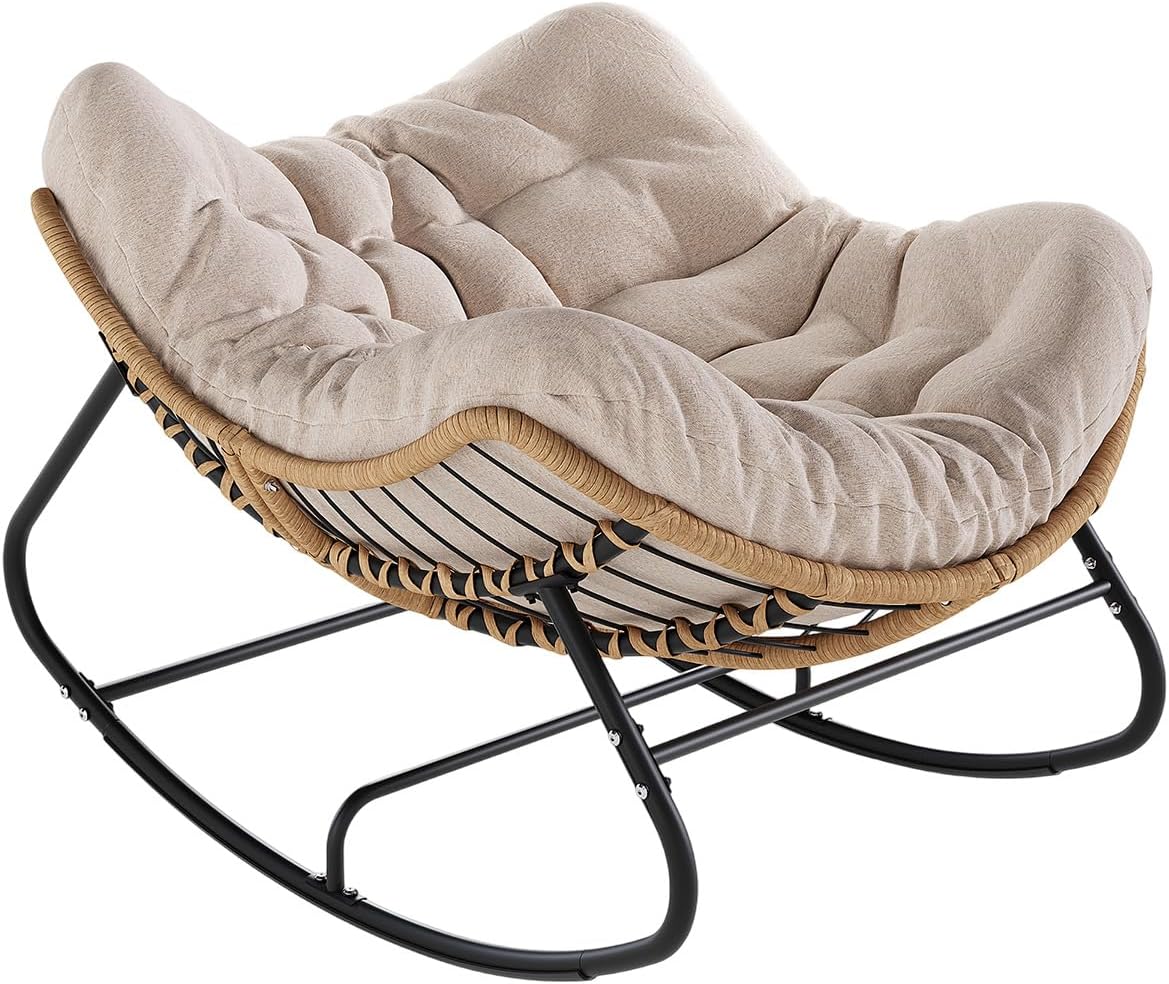 SWITTE Papasan Rocking Chair, Outdoor Wicker Egg Rocker with Cushion, Ivory