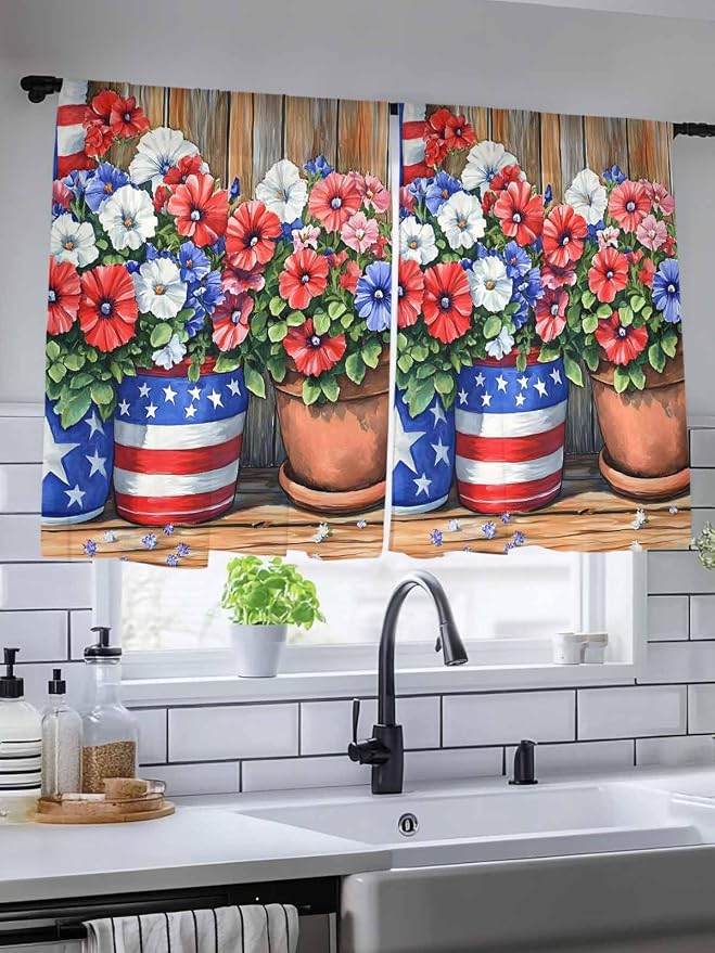 Sheer Curtains 54 Inch Length, Retro Independence Day Flag Wood Grain Privacy