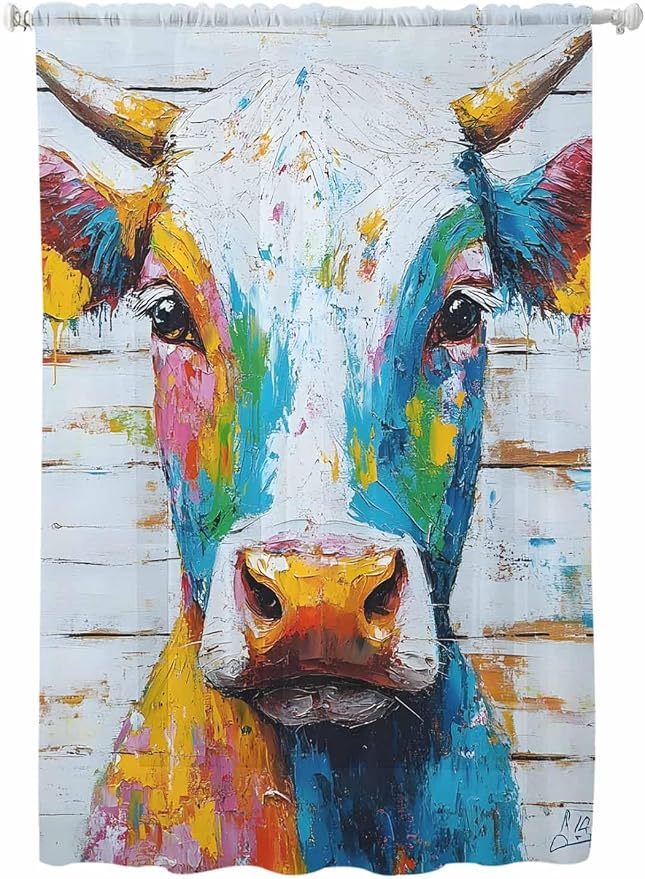 Sheer Curtains 72 Inches Long, Funny Colorful Cow Semi Sheer Curtains Light