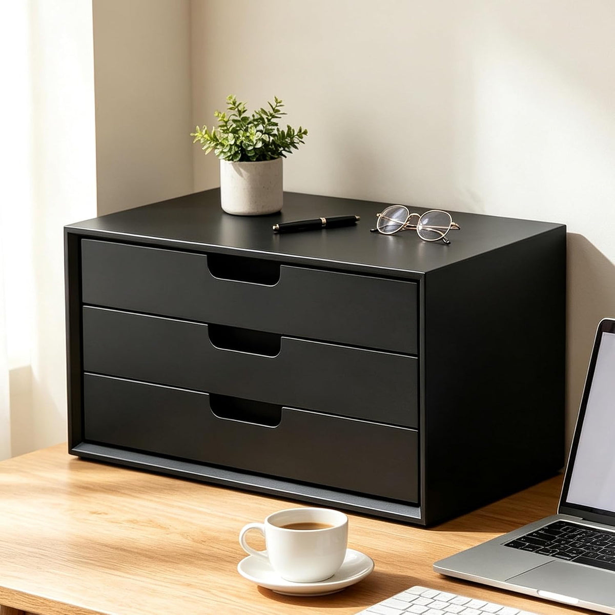 LitaEther Desk Organizer with 3 Drawers, ALEX Drawer Unit, Chic Black Wood Cosmetic Makeup Organizer for Office Vanity Tabletop Storage 13.8"X 6"X10.2"