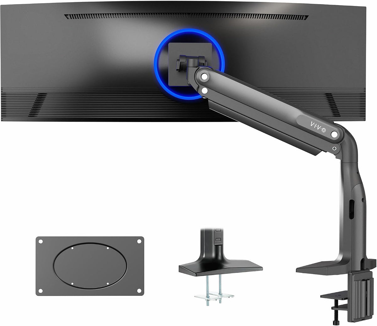 VIVO Aluminum Ultrawide Monitor Stand, Classic, Fits up to 49 inch Computer Screens, Single Articulating Pneumatic Arm, C-Clamp and Grommet Desk Mount, Max VESA 200x100, Black, STAND-V100H