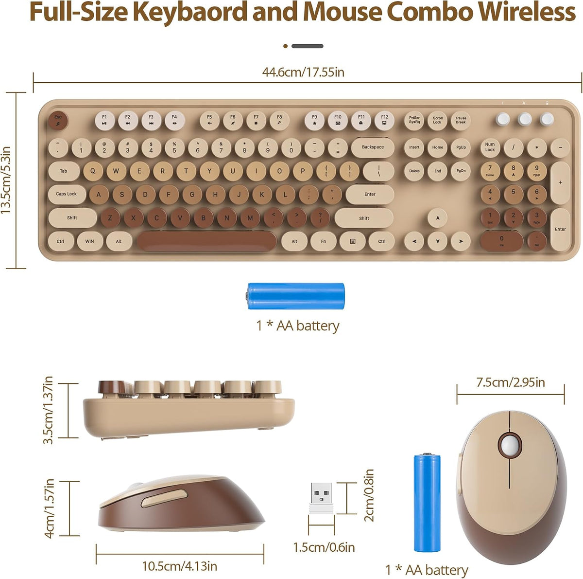 Brown Wireless Keyboard and Mouse, Cute Keyboard and Mouse Combo, Full Size Typewriter Keyboards with Number Pad, Colorful Key Board for Pc Laptop