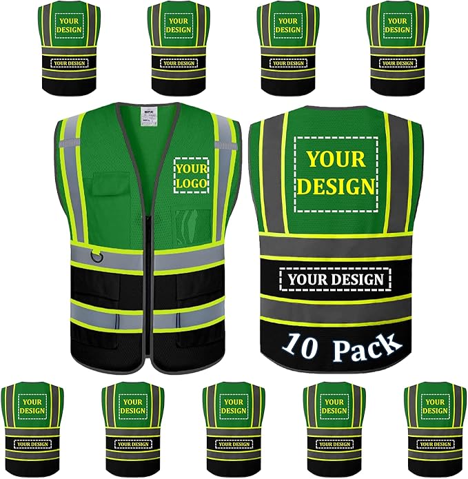 10 Pack Custom Safety Vest Customized Logo Mesh Vest Class 2 High Visibility Reflective Vest with Pockets Workwear（Green Black，XXL ）
