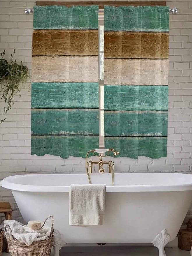 Vintage Plank Turquoise Brown Window Valance Curtains, Farmhouse Wood Grain
