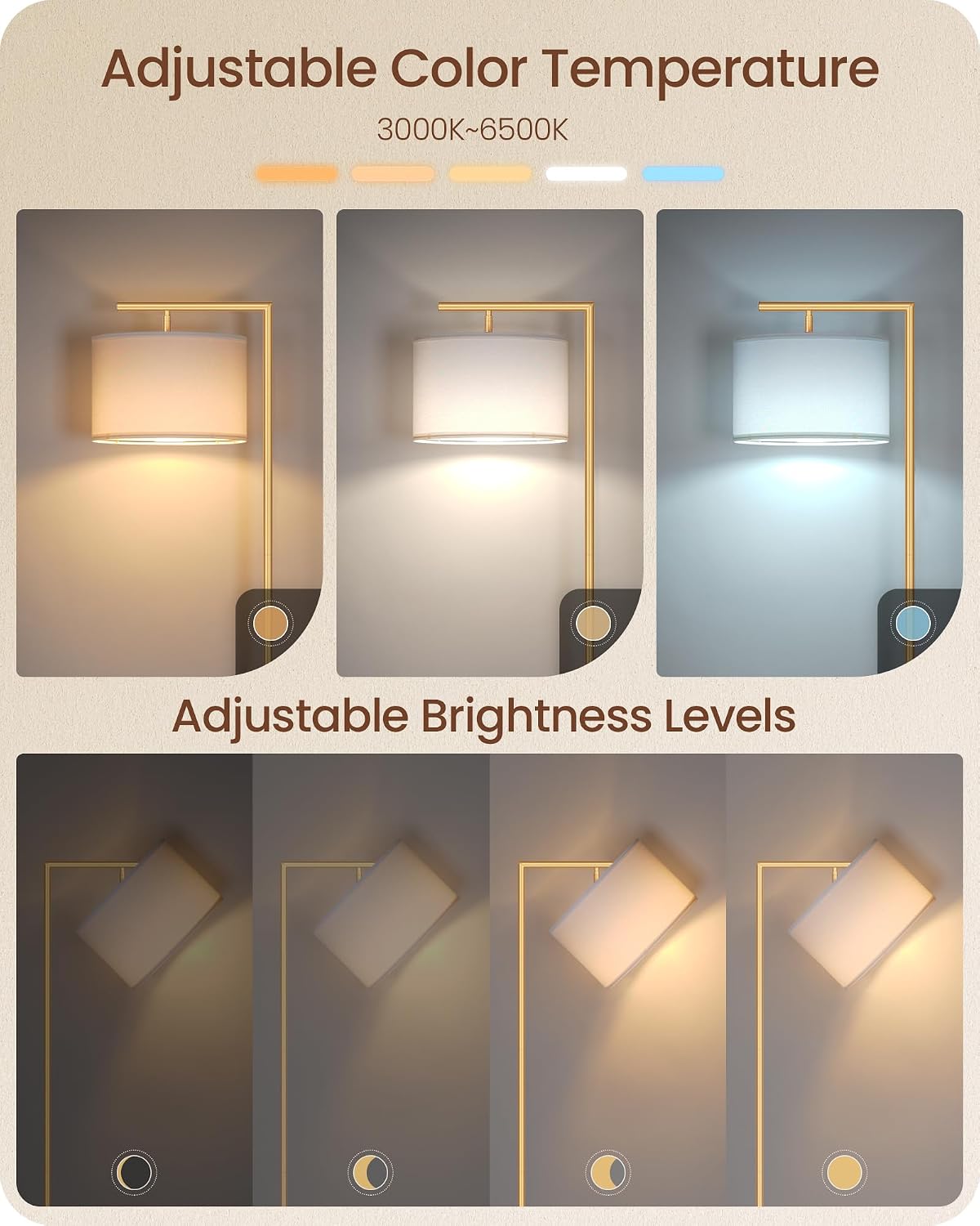 Gold Dimmable Floor Lamp, Modern Arc Lamp with Remote, Standing Corner Light with Lampshade, Tall Reading Lighting for Bedroom, Living Room, Office, Den, White, LED Bulb Included, DW11LD05